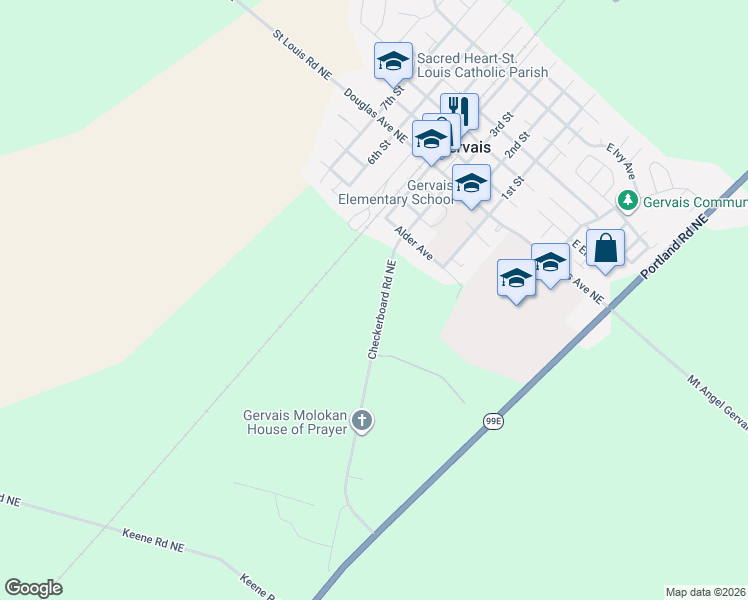 map of restaurants, bars, coffee shops, grocery stores, and more near Checkerboard Road Northeast in Gervais