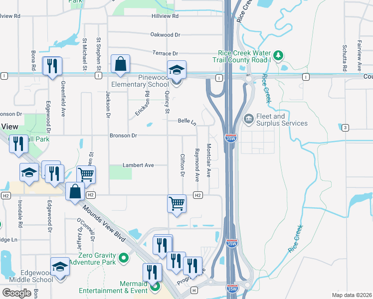 map of restaurants, bars, coffee shops, grocery stores, and more near 5372 Clifton Drive in Mounds View