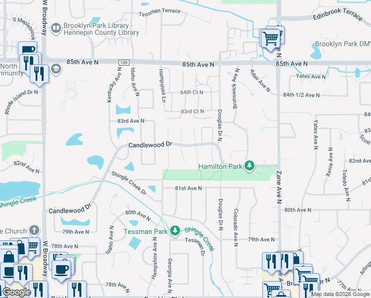 map of restaurants, bars, coffee shops, grocery stores, and more near 8140 Georgia Court North in Minneapolis