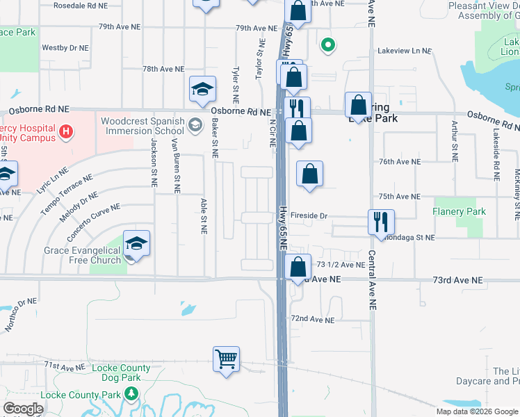 map of restaurants, bars, coffee shops, grocery stores, and more near 7400 Taylor Street Northeast in Fridley