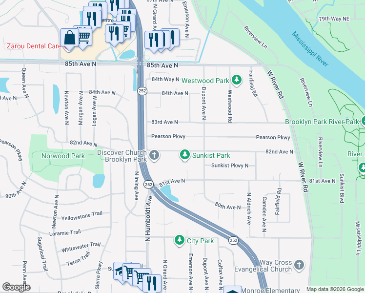 map of restaurants, bars, coffee shops, grocery stores, and more near 1200 82nd Avenue North in Minneapolis