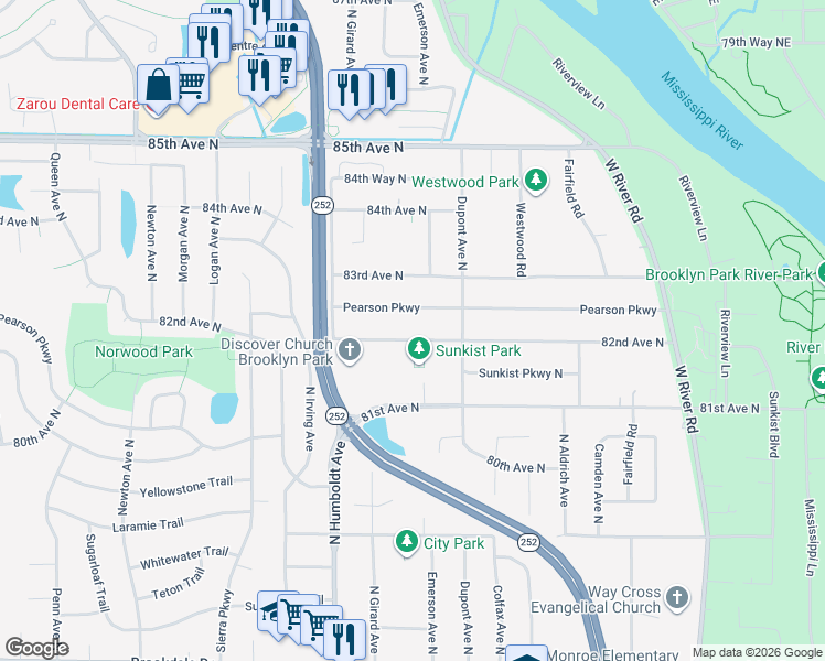 map of restaurants, bars, coffee shops, grocery stores, and more near 1200 82nd Avenue North in Minneapolis