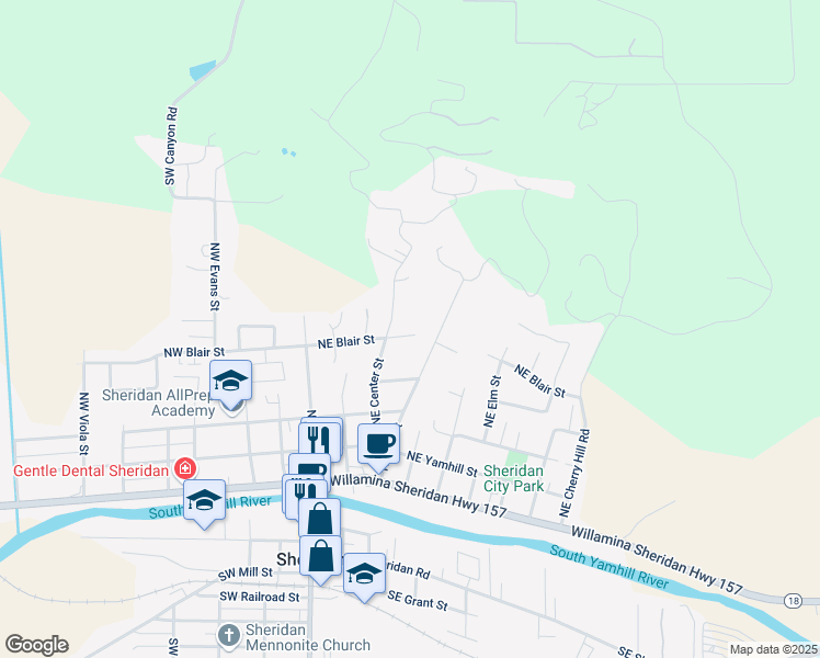 map of restaurants, bars, coffee shops, grocery stores, and more near 337 Northeast Blair Street in Sheridan