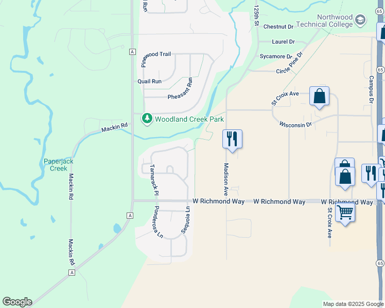 map of restaurants, bars, coffee shops, grocery stores, and more near 1061 Tamarack Place in New Richmond