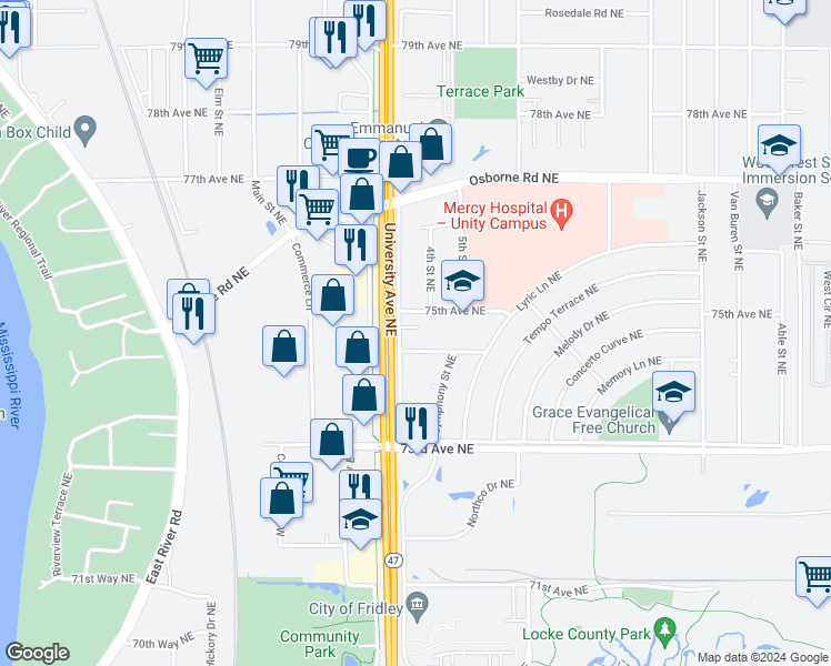 map of restaurants, bars, coffee shops, grocery stores, and more near 7419 University Avenue Northeast in Fridley