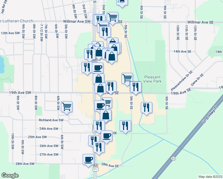 map of restaurants, bars, coffee shops, grocery stores, and more near 1605 1st Street South in Willmar