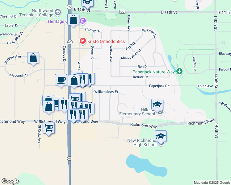 map of restaurants, bars, coffee shops, grocery stores, and more near 1537 Crestmoor Drive in New Richmond