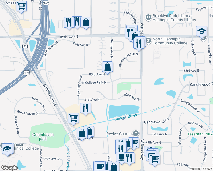 map of restaurants, bars, coffee shops, grocery stores, and more near 8209 Utah Court North in Minneapolis