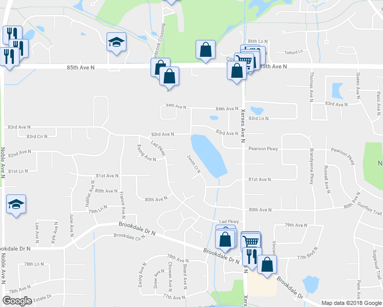 map of restaurants, bars, coffee shops, grocery stores, and more near 8180 Zenith Court North in Minneapolis