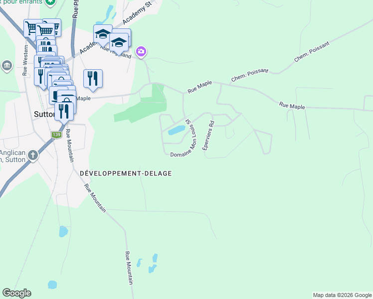 map of restaurants, bars, coffee shops, grocery stores, and more near 115 Rue du Domaine Mon Louis in Sutton