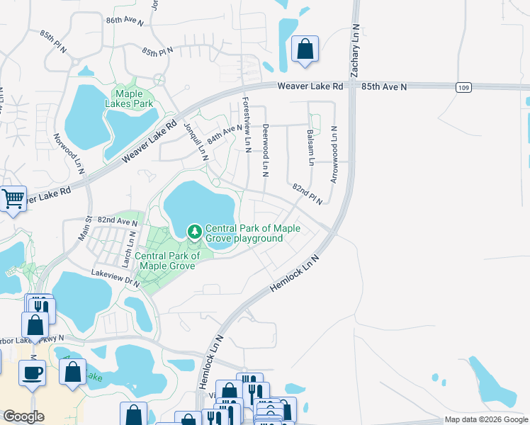 map of restaurants, bars, coffee shops, grocery stores, and more near 11537 81st Place North in Maple Grove