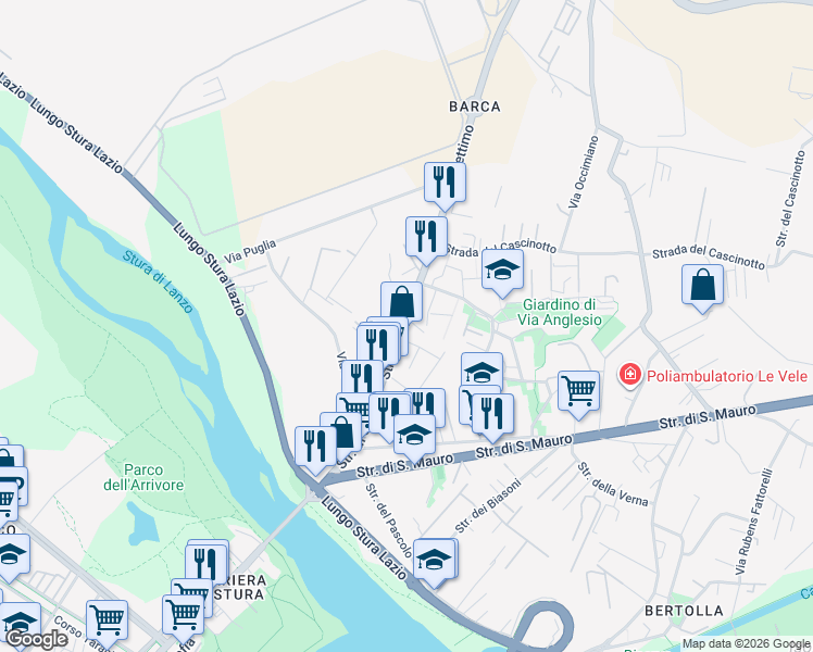 map of restaurants, bars, coffee shops, grocery stores, and more near 116 Strada di Settimo in Torino