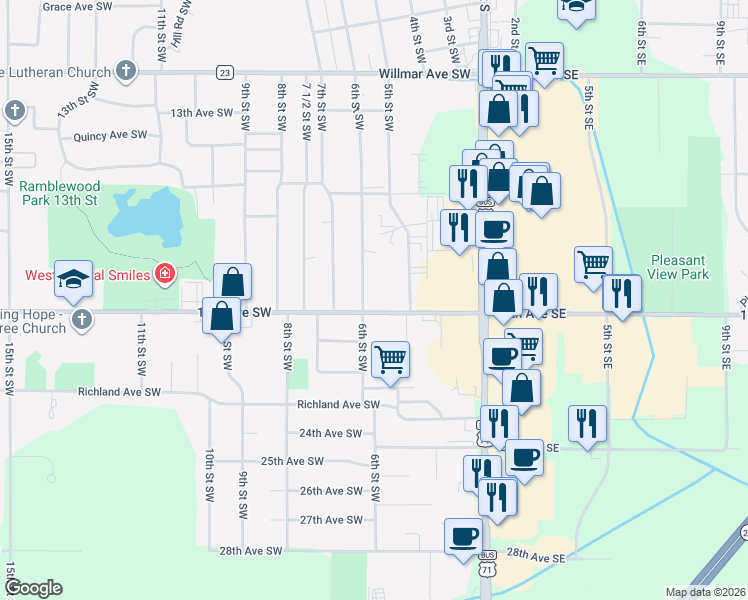 map of restaurants, bars, coffee shops, grocery stores, and more near 508 19th Avenue Southwest in Willmar