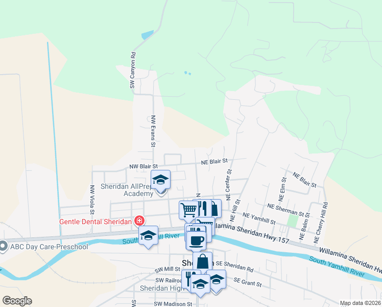 map of restaurants, bars, coffee shops, grocery stores, and more near 404 North Bridge Street in Sheridan