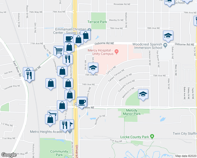 map of restaurants, bars, coffee shops, grocery stores, and more near 7411 Lyric Lane Northeast in Fridley