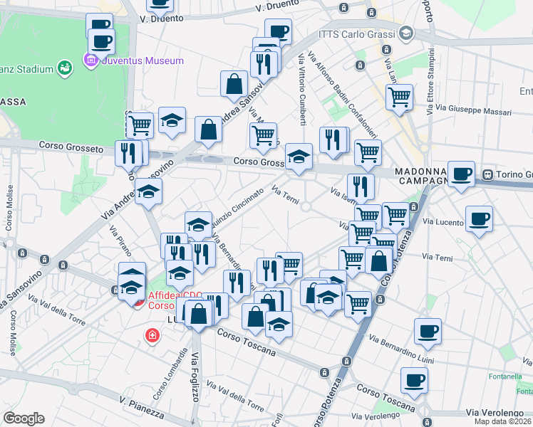 map of restaurants, bars, coffee shops, grocery stores, and more near 2 Strada Antica della Venaria in Torino