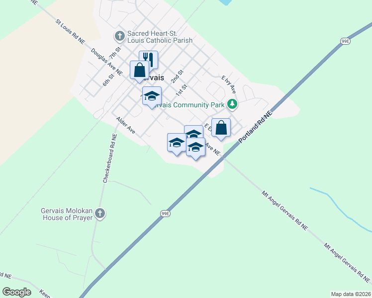 map of restaurants, bars, coffee shops, grocery stores, and more near 300 Douglas Avenue Northeast in Gervais