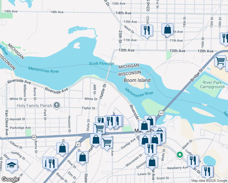 map of restaurants, bars, coffee shops, grocery stores, and more near 2101-2141 Riverside Avenue in Marinette