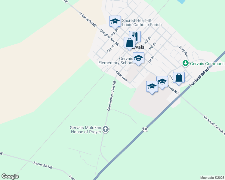 map of restaurants, bars, coffee shops, grocery stores, and more near Checkerboard Road Northeast in Gervais