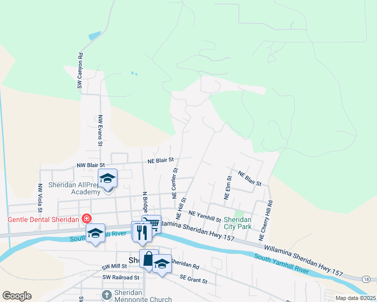 map of restaurants, bars, coffee shops, grocery stores, and more near 337 Northeast Blair Street in Sheridan