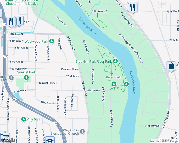 map of restaurants, bars, coffee shops, grocery stores, and more near 8221 Riverview Lane in Brooklyn Park