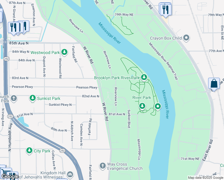 map of restaurants, bars, coffee shops, grocery stores, and more near 8221 Riverview Lane in Brooklyn Park