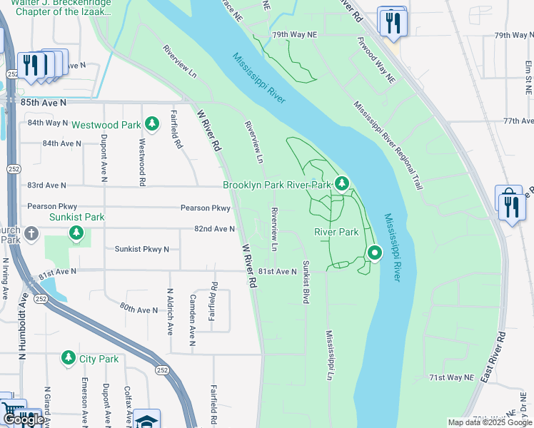 map of restaurants, bars, coffee shops, grocery stores, and more near 8221 Riverview Lane in Brooklyn Park