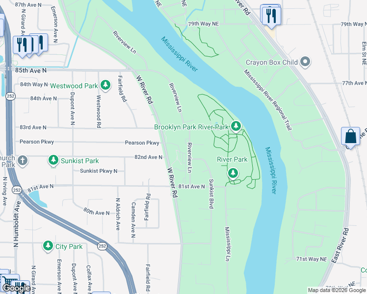 map of restaurants, bars, coffee shops, grocery stores, and more near 8221 Riverview Lane in Brooklyn Park