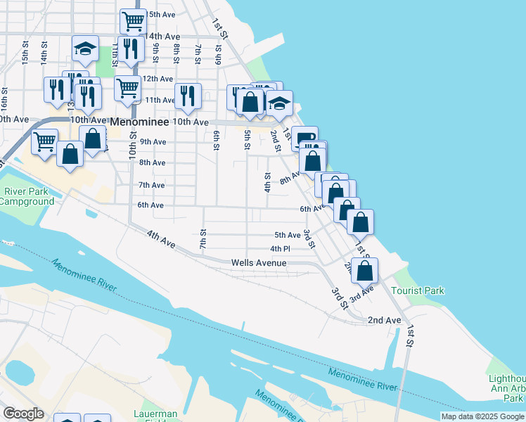 map of restaurants, bars, coffee shops, grocery stores, and more near 425 6th Avenue in Menominee