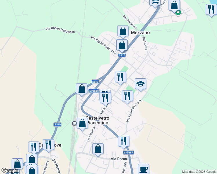 map of restaurants, bars, coffee shops, grocery stores, and more near in Castelvetro Piacentino