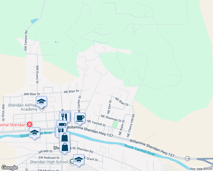map of restaurants, bars, coffee shops, grocery stores, and more near 615 Northeast Hill Street in Sheridan