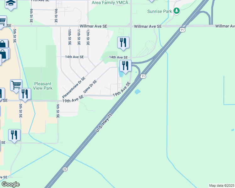 map of restaurants, bars, coffee shops, grocery stores, and more near 1405 19th Avenue Southeast in Willmar