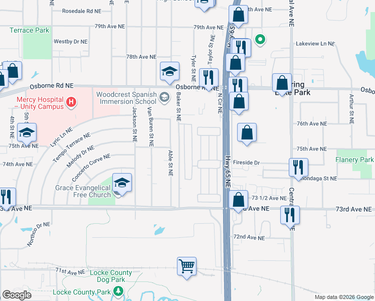 map of restaurants, bars, coffee shops, grocery stores, and more near 7475 Baker Street Northeast in Fridley