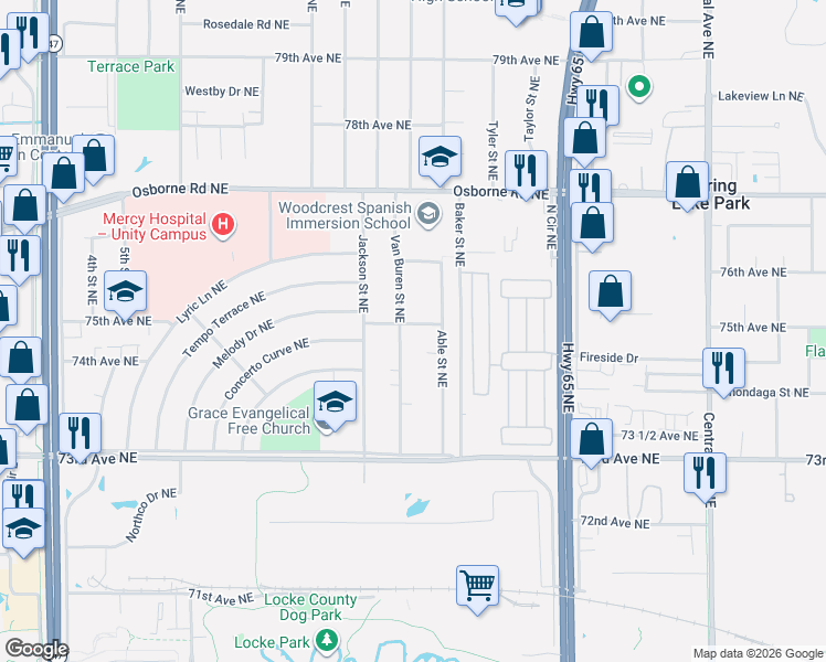map of restaurants, bars, coffee shops, grocery stores, and more near 7450 Able Street Northeast in Fridley