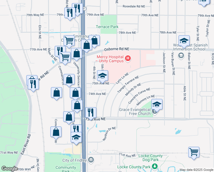 map of restaurants, bars, coffee shops, grocery stores, and more near 7411 Lyric Lane Northeast in Fridley
