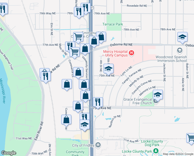 map of restaurants, bars, coffee shops, grocery stores, and more near 7419 University Avenue Northeast in Fridley