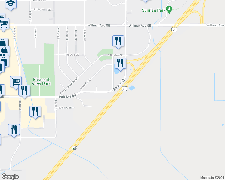 map of restaurants, bars, coffee shops, grocery stores, and more near 300 28th Avenue Southwest in Willmar