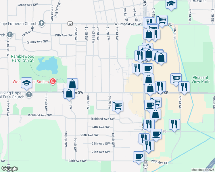 map of restaurants, bars, coffee shops, grocery stores, and more near 508 19th Avenue Southwest in Willmar