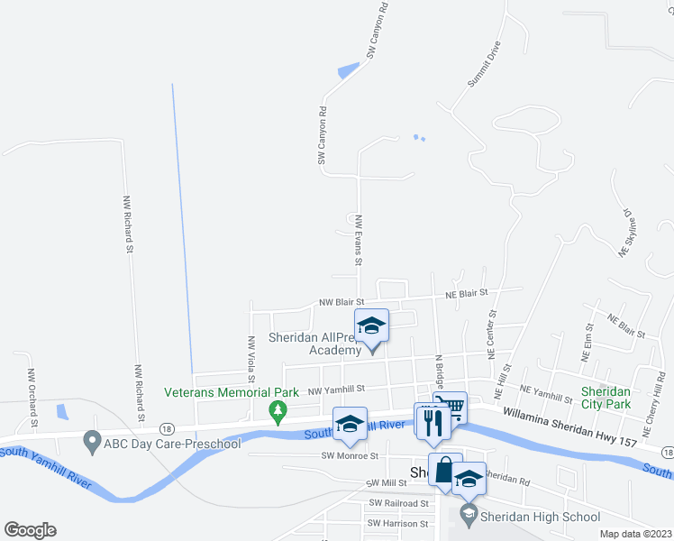 map of restaurants, bars, coffee shops, grocery stores, and more near 596 Northwest Evans Street in Sheridan