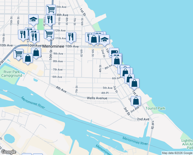 map of restaurants, bars, coffee shops, grocery stores, and more near 510 5th Street in Menominee
