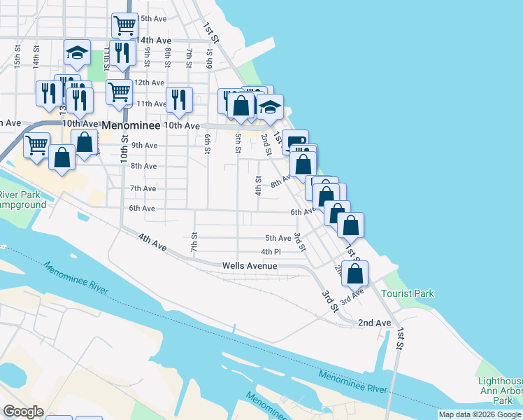 map of restaurants, bars, coffee shops, grocery stores, and more near 301-399 6th Avenue in Menominee
