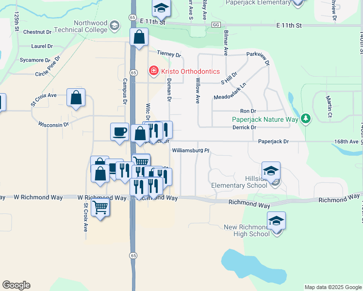 map of restaurants, bars, coffee shops, grocery stores, and more near 1539 Gunston Drive in New Richmond
