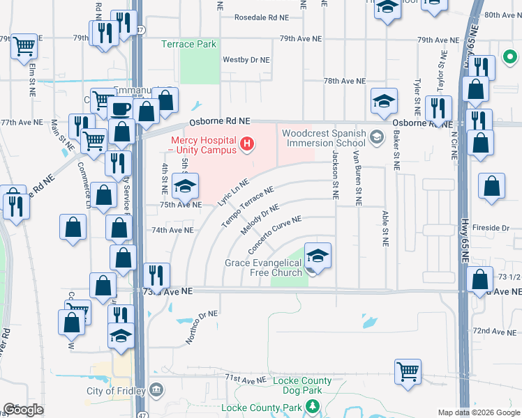 map of restaurants, bars, coffee shops, grocery stores, and more near 7405 Melody Drive Northeast in Fridley