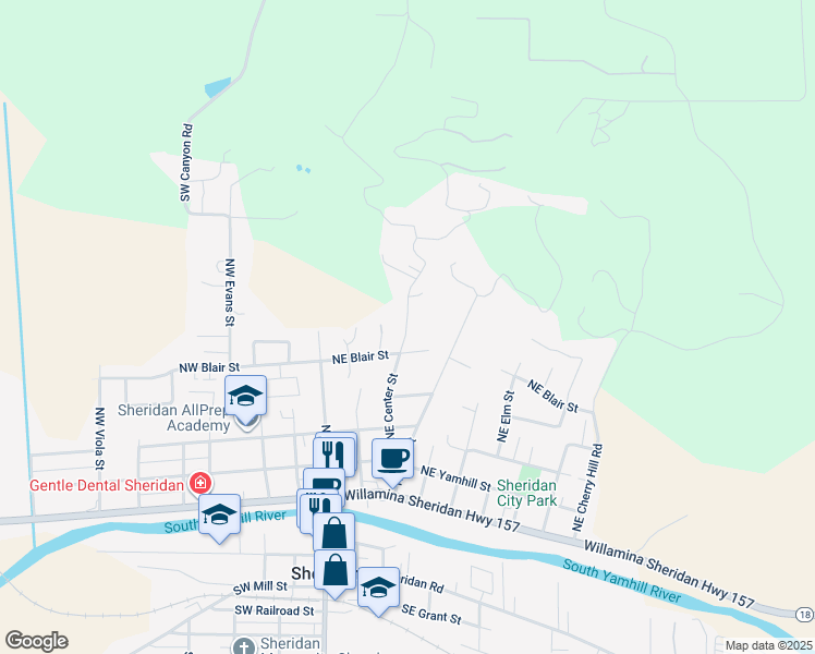 map of restaurants, bars, coffee shops, grocery stores, and more near Northeast Center Street in Sheridan