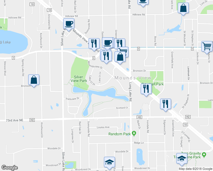 map of restaurants, bars, coffee shops, grocery stores, and more near 2628 Lake Court Drive in Mounds View