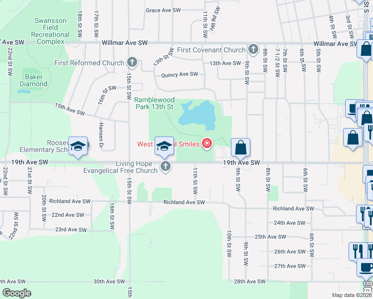 map of restaurants, bars, coffee shops, grocery stores, and more near 1900 11th Street Southwest in Willmar