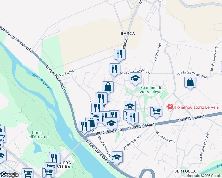 map of restaurants, bars, coffee shops, grocery stores, and more near 116 Strada Settimo in Torino