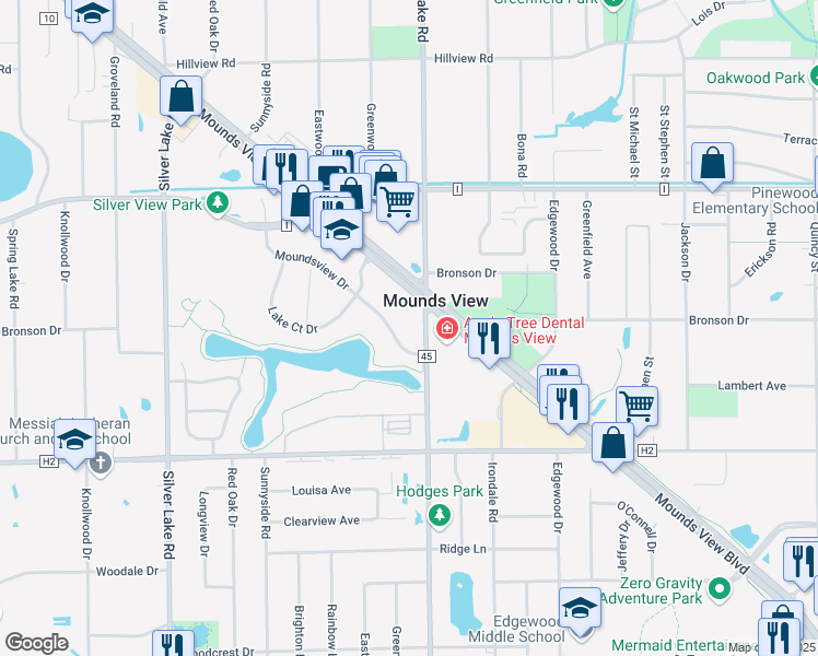 map of restaurants, bars, coffee shops, grocery stores, and more near 2550 Moundsview Drive in Mounds View