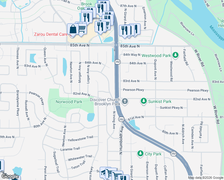 map of restaurants, bars, coffee shops, grocery stores, and more near 8181 North Irving Avenue in Minneapolis