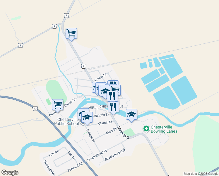map of restaurants, bars, coffee shops, grocery stores, and more near 57 King Street in North Dundas